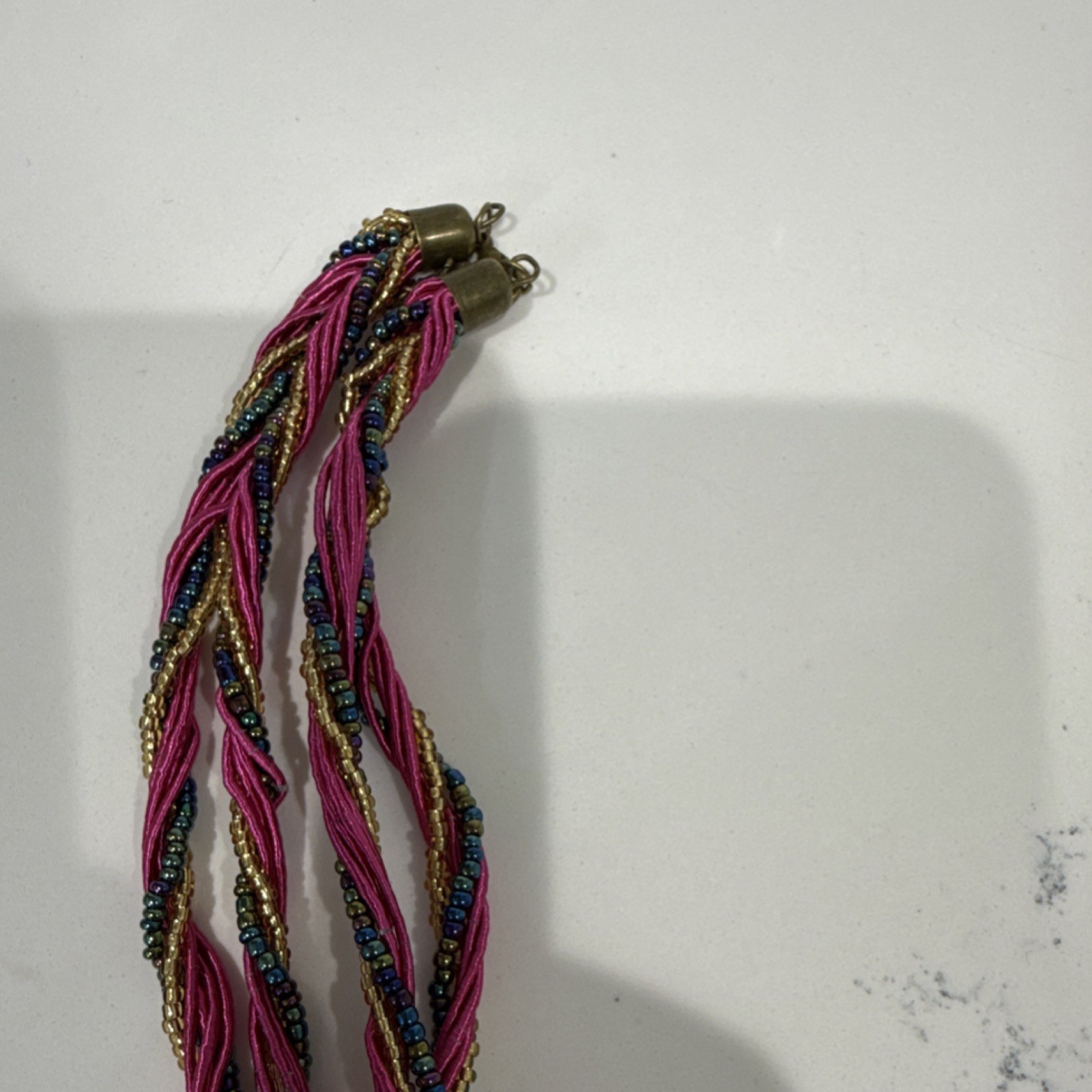 Multicolor Braided Necklace with Pink Round Pendant and Gold, 18 in