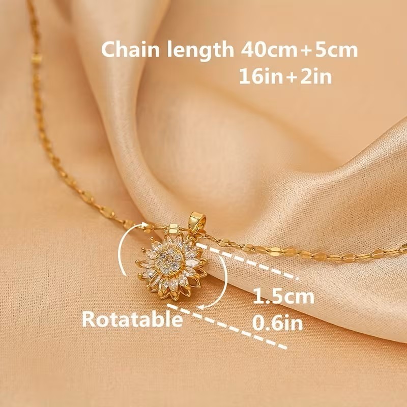 Gold Sunflower Pendant Necklace Rotating Charm Dainty Floral Jewelry Gift