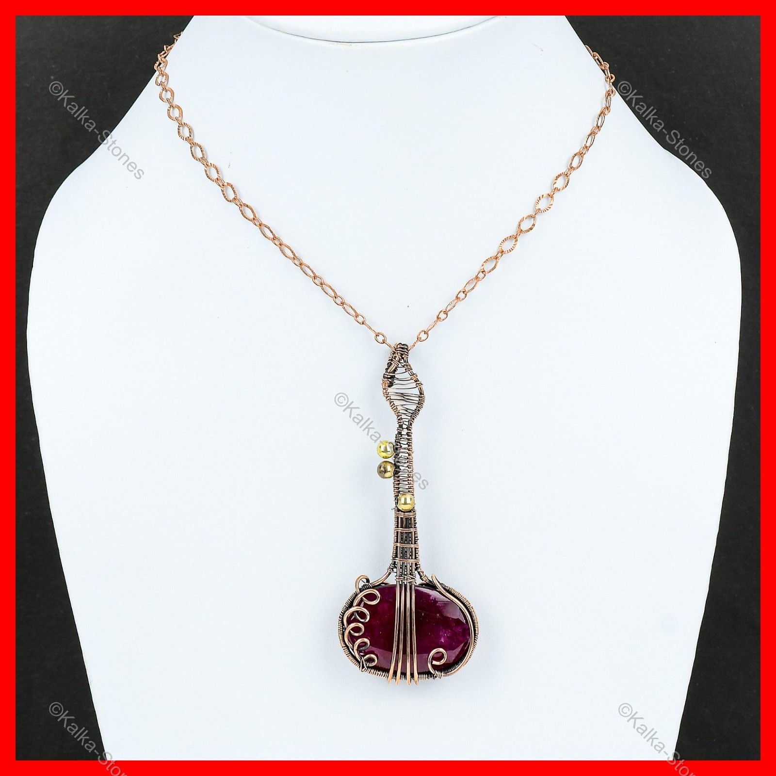 Copper Kashmir Rubi Gemstone Daughter Guitar And Wire Wrapped Pendant Jewelry