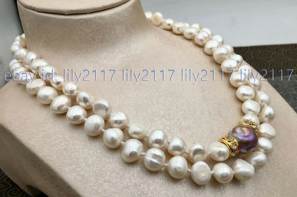 2Row Natural 9-10mm White South Sea Purple 15-16mm Baroque Pearl Necklace 17-18″