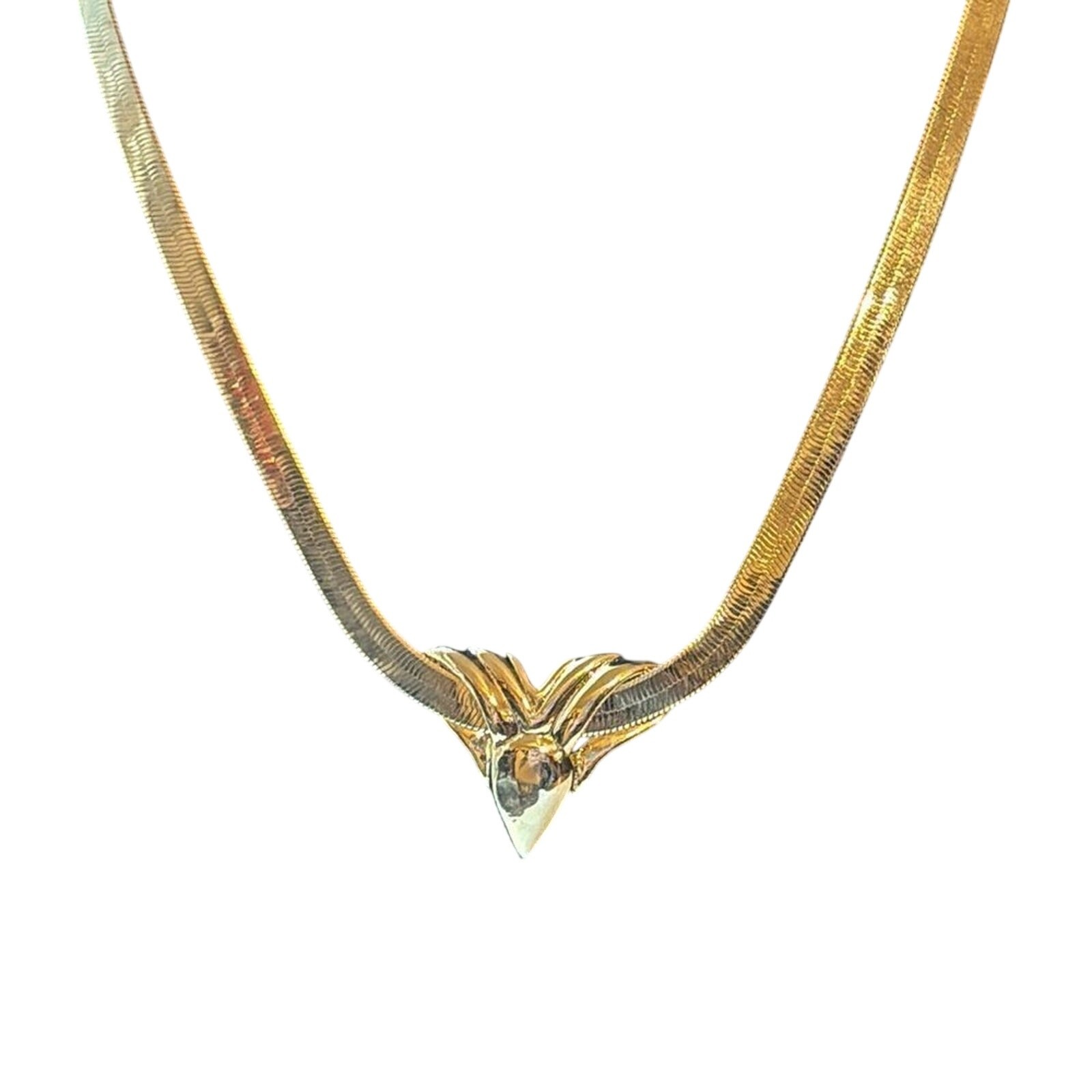Vintage Gold Tone Herringbone Statement Necklace Sculptural Centerpiece 18”