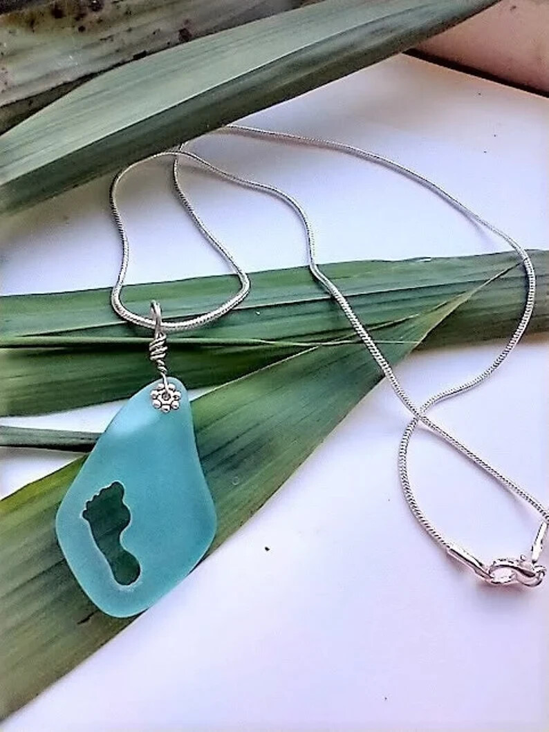 Ladies Blue Seaglass Footprint Pendant Silver Snake Chain Necklace 18 In Beach