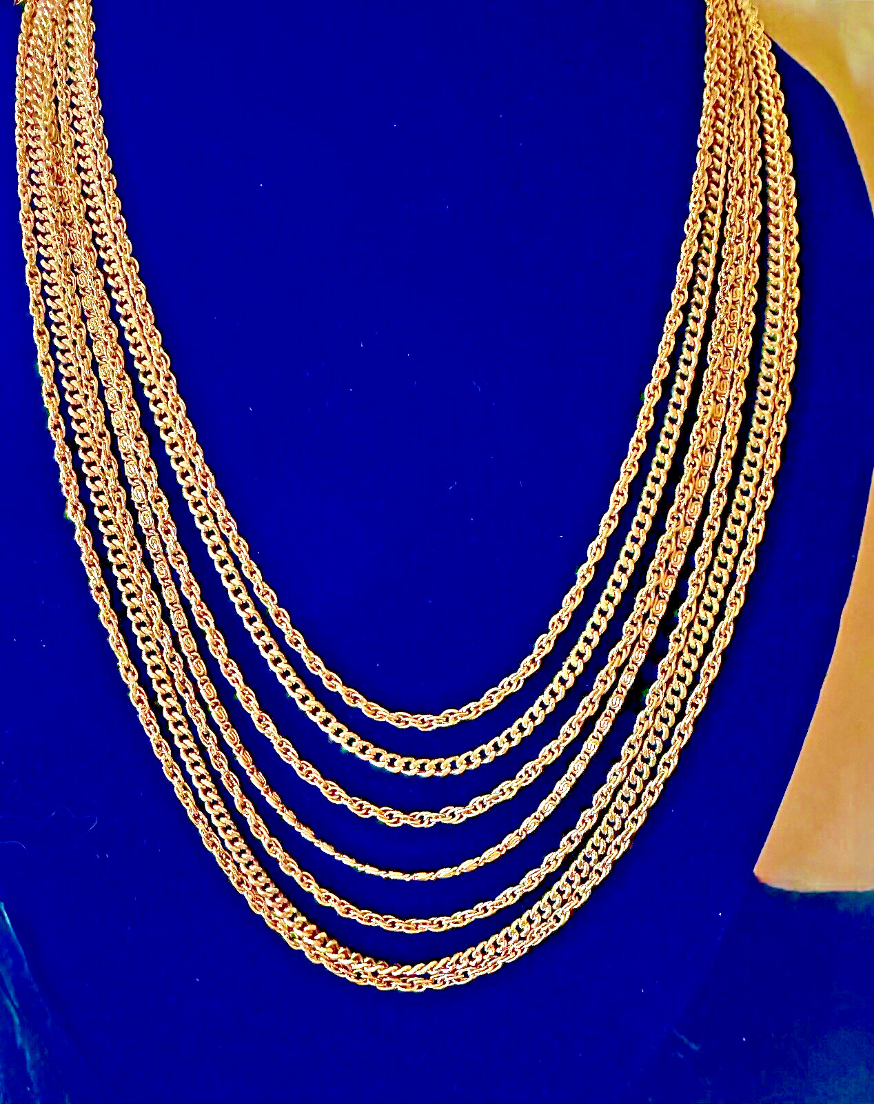 7 Strand Chain Necklace Ornamental Clasp Gold Tone Designer Style Statement
