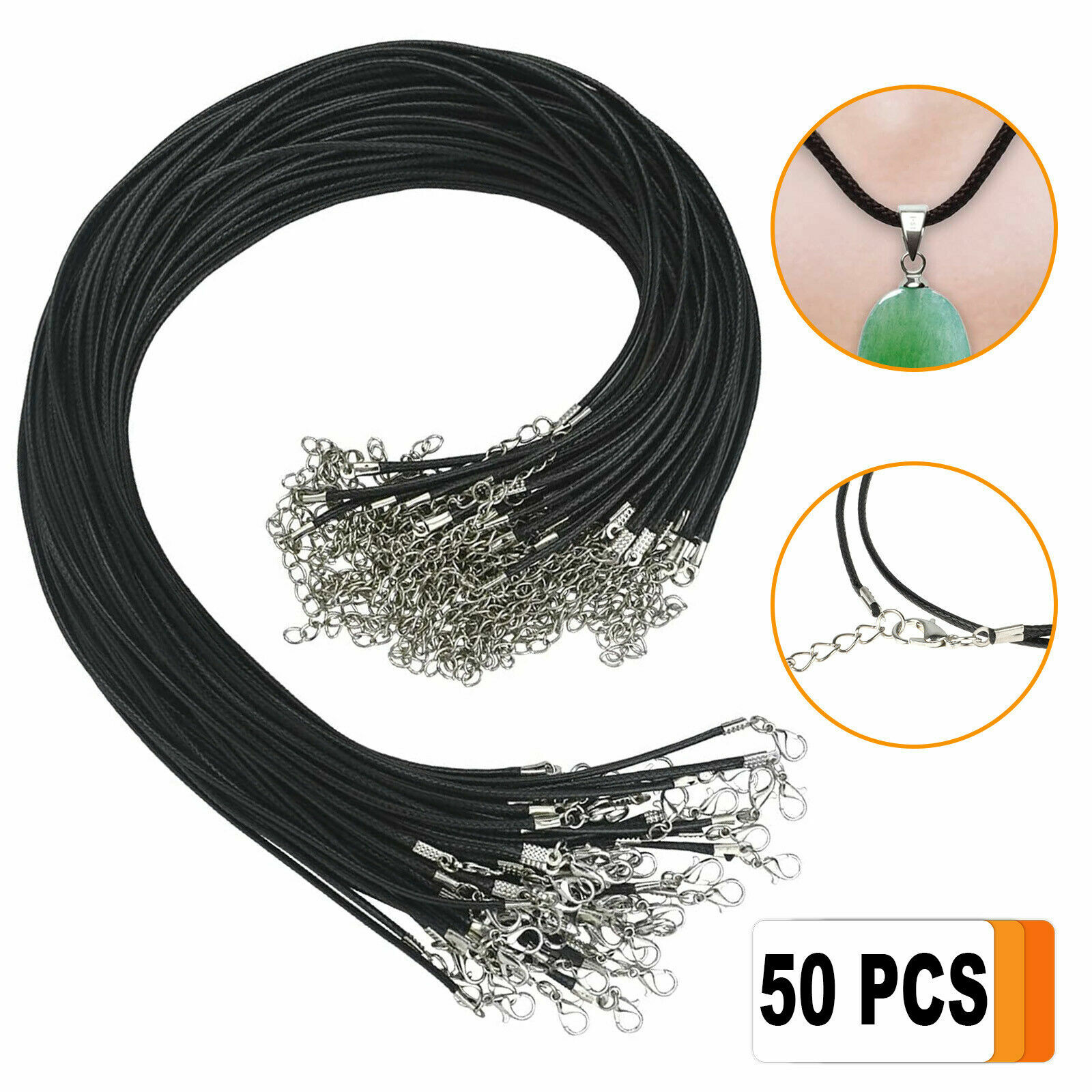 50PCS Twisted Braided Rope Black Leather Cord 18” ChainNecklace w Silver Clasp