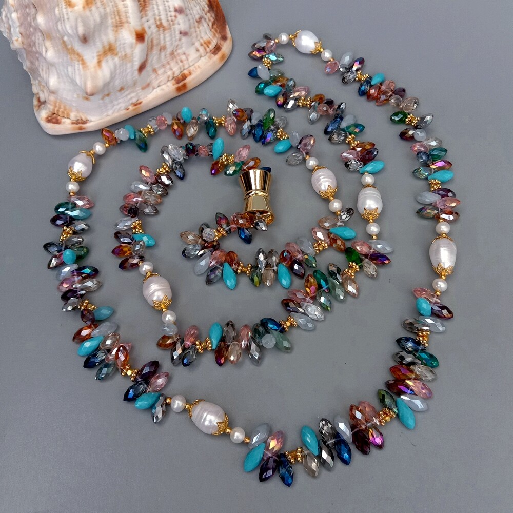 Cultured Freshwater White Rice Pearl Multi Color Crystal Long Necklace 49″