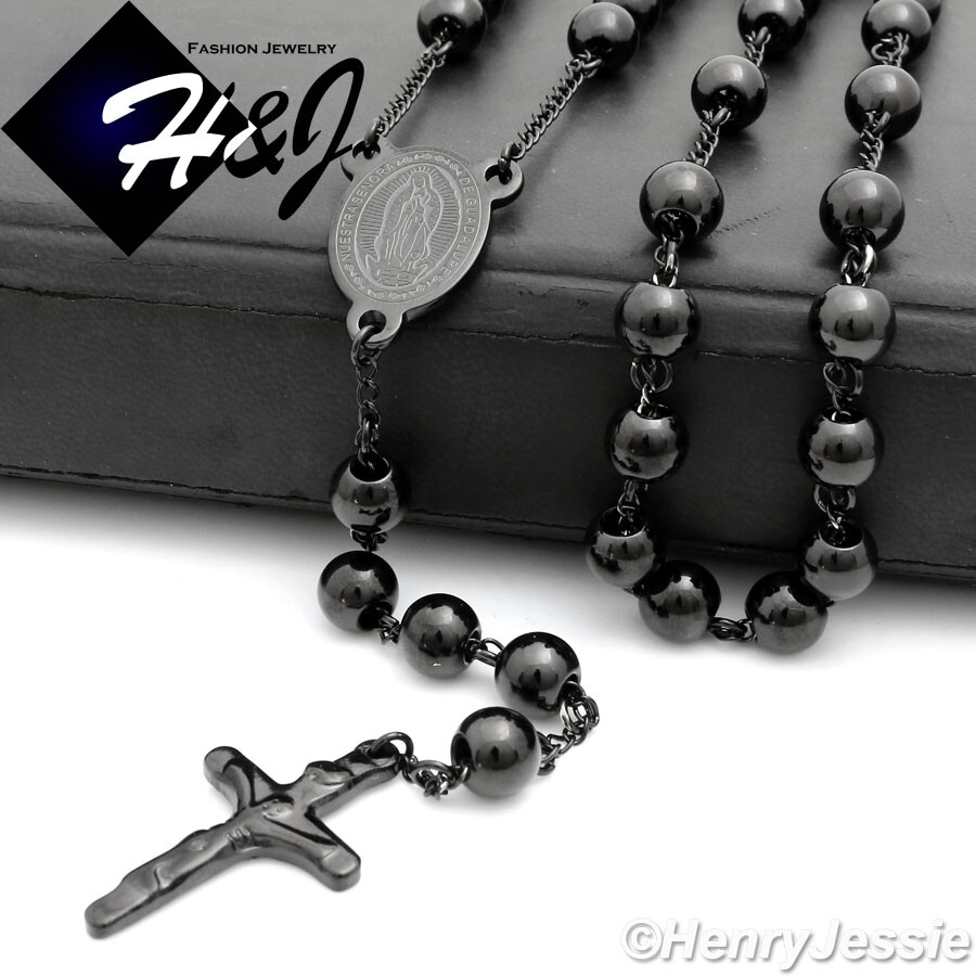 25+5″MEN WOMEN Stainless Steel 3.5mm Black Plated Beads Rosary Necklace