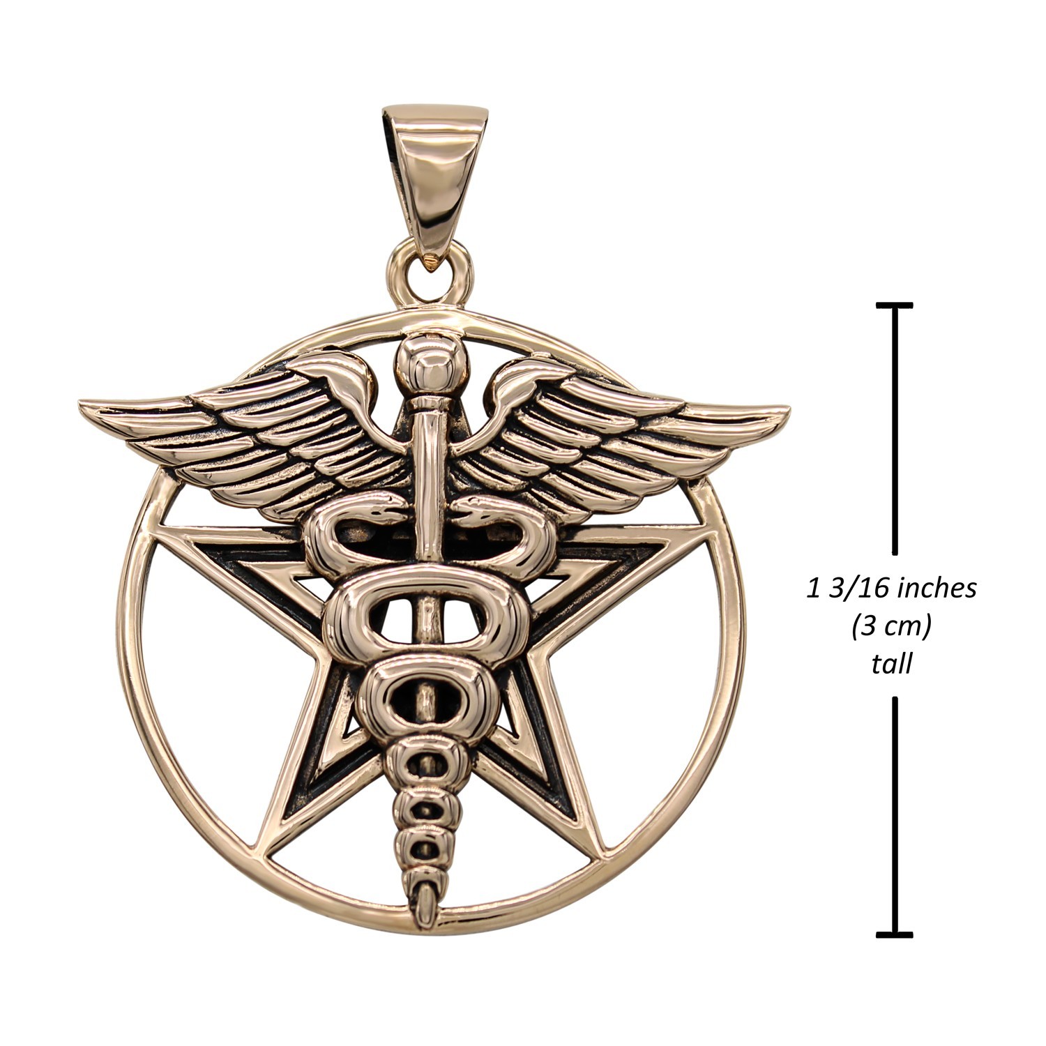 Bronze Caduceus Pentacle Pendant Necklace Jewelry Medical Pentagram