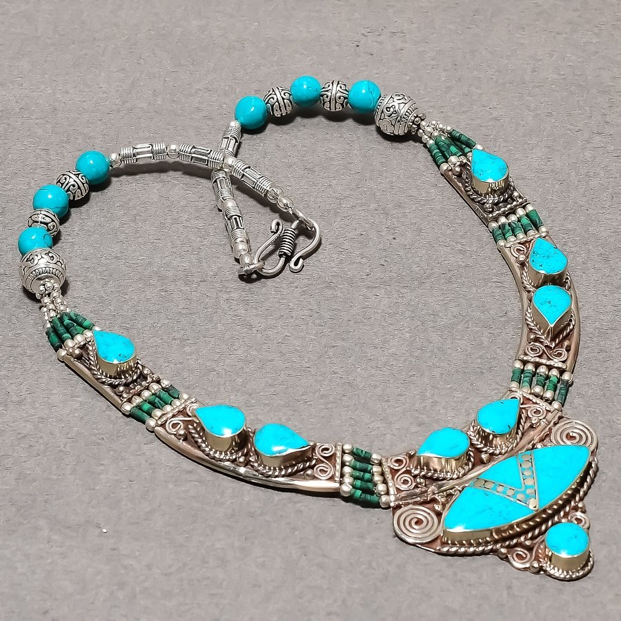 Turquoise Gemstone Necklace Tibetan Silver Handmade Nepali Jewelry 18″ NN 6592