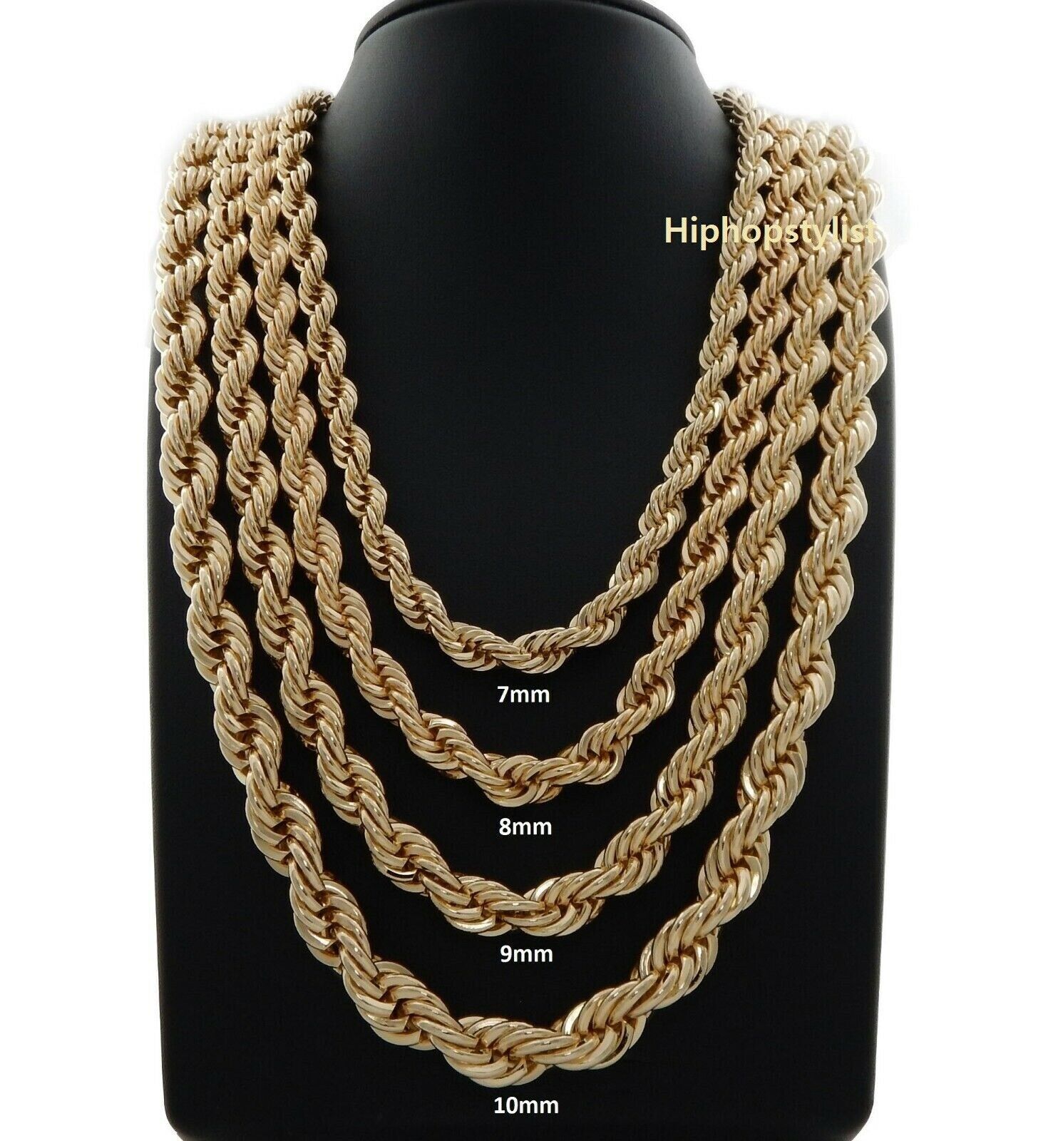 Hip Hop Rope Chain Necklace 2mm to 10mm 16″ 18″ 20″ 24″ 30″ 36″ 14K Gold Plated