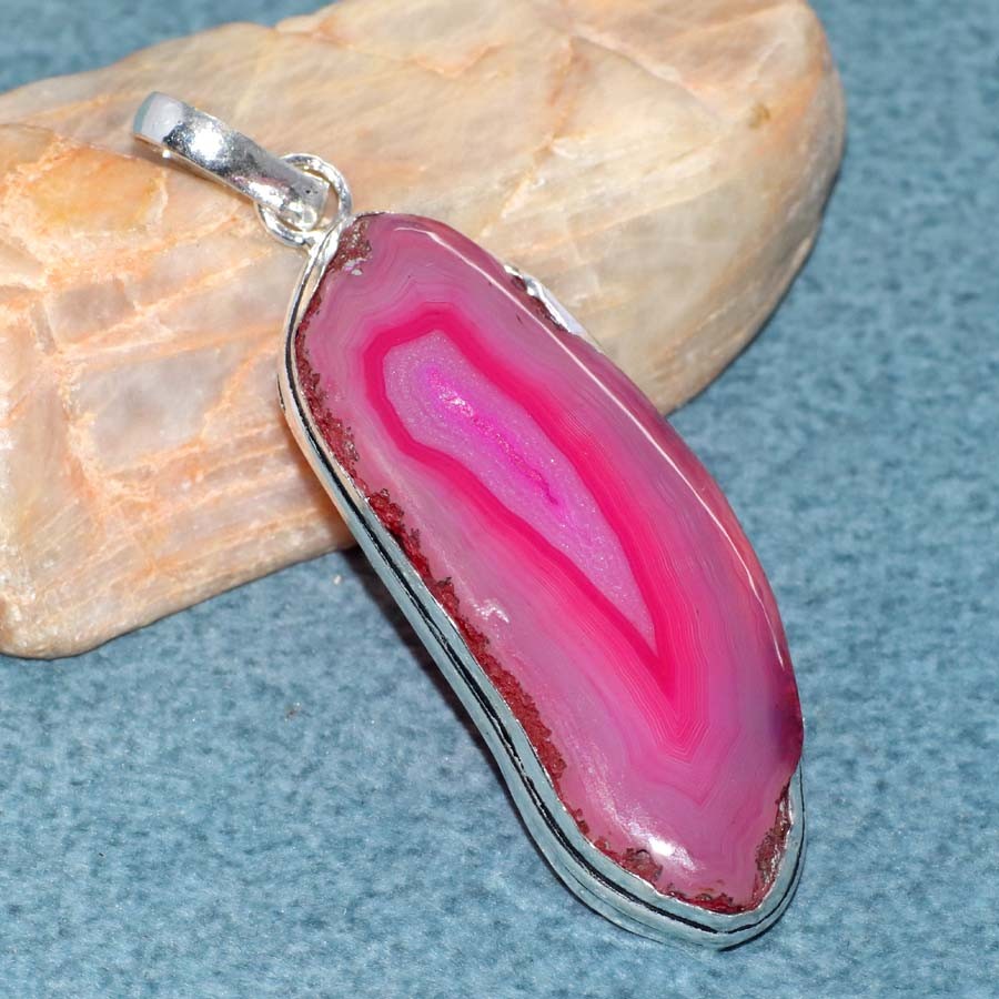 925 Silver Plated Pink Botswana Druzy Slice Pendant 2.5″ Everyday Wear Design GW