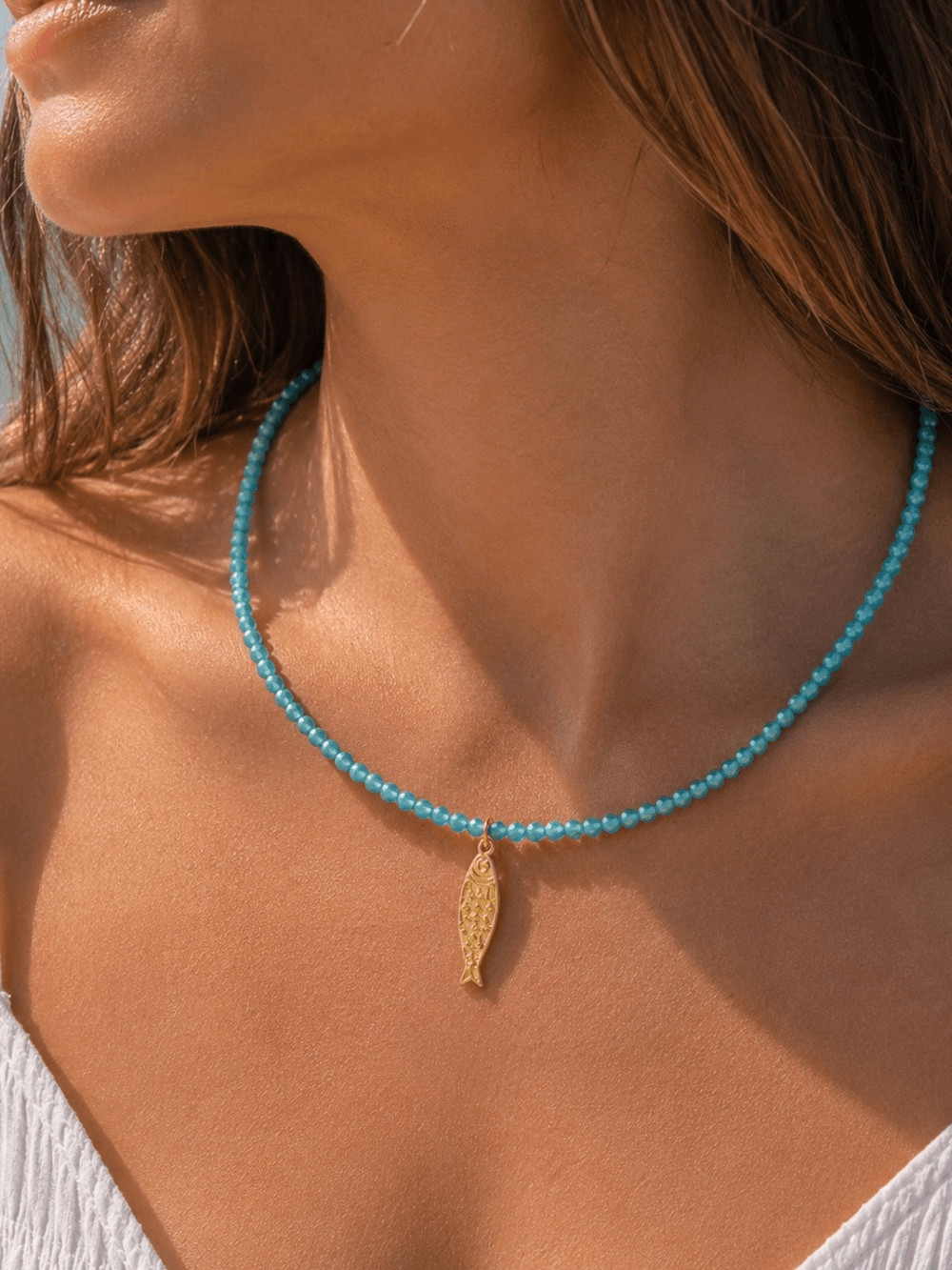 Gold Fish Pendant on genuine Blue Agate Beaded Necklace – 24k gold plated