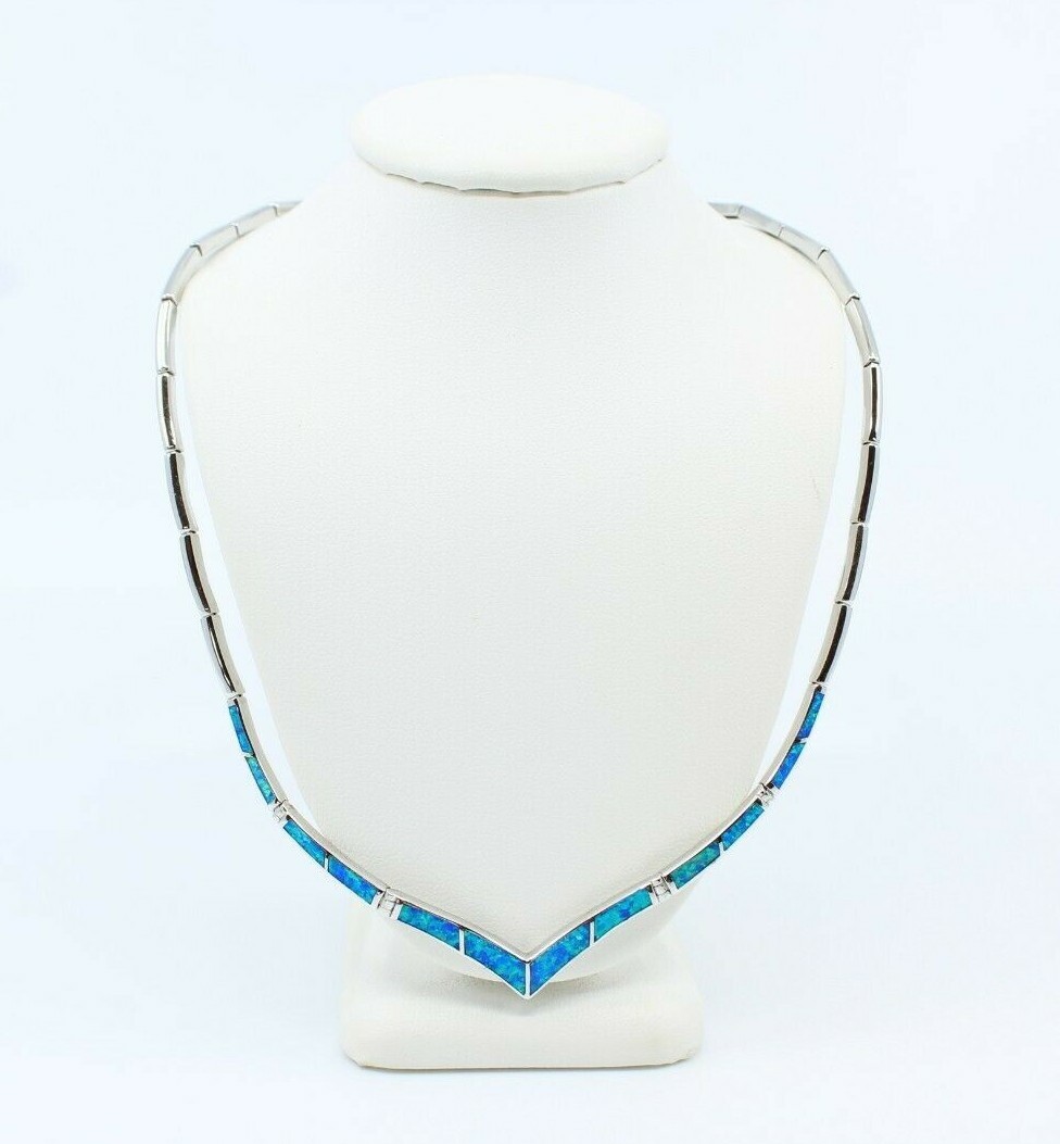 925 Sterling Silver V Necklace w Lab-Created Opal Blue Inlay – Rhodium Plated, S