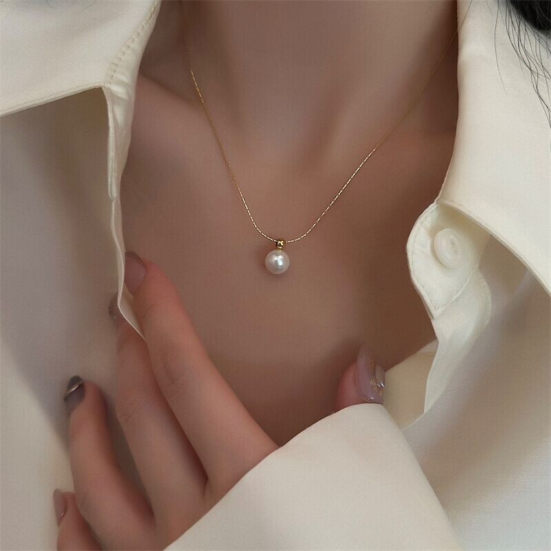 Woman 18K Gold Plated Golded Bead Ball Pearl Charm Necklace Chain