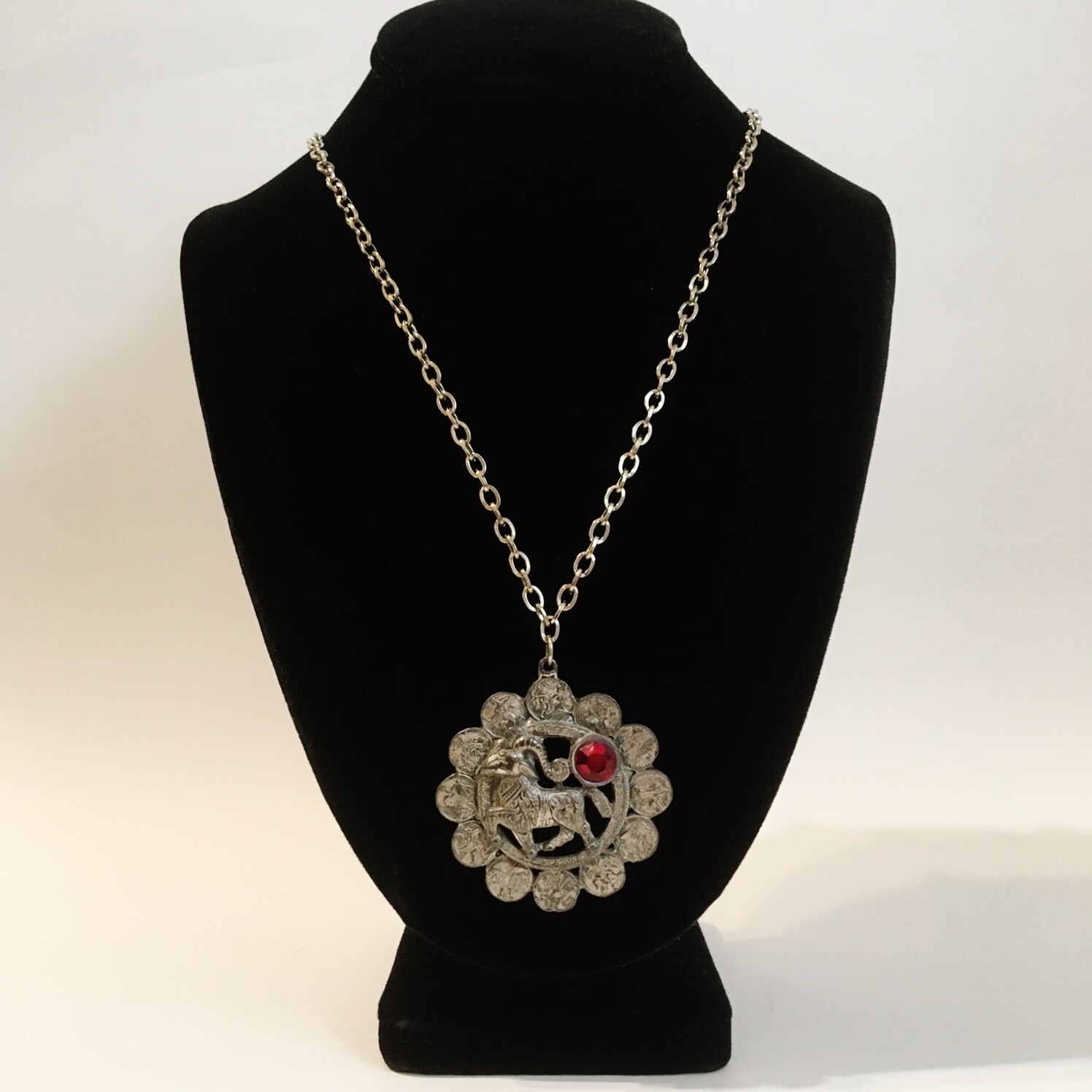 Aries Ram Necklace Pendant 12 Zodiac Signs Red Rhinestone Silvertone Metal Chain