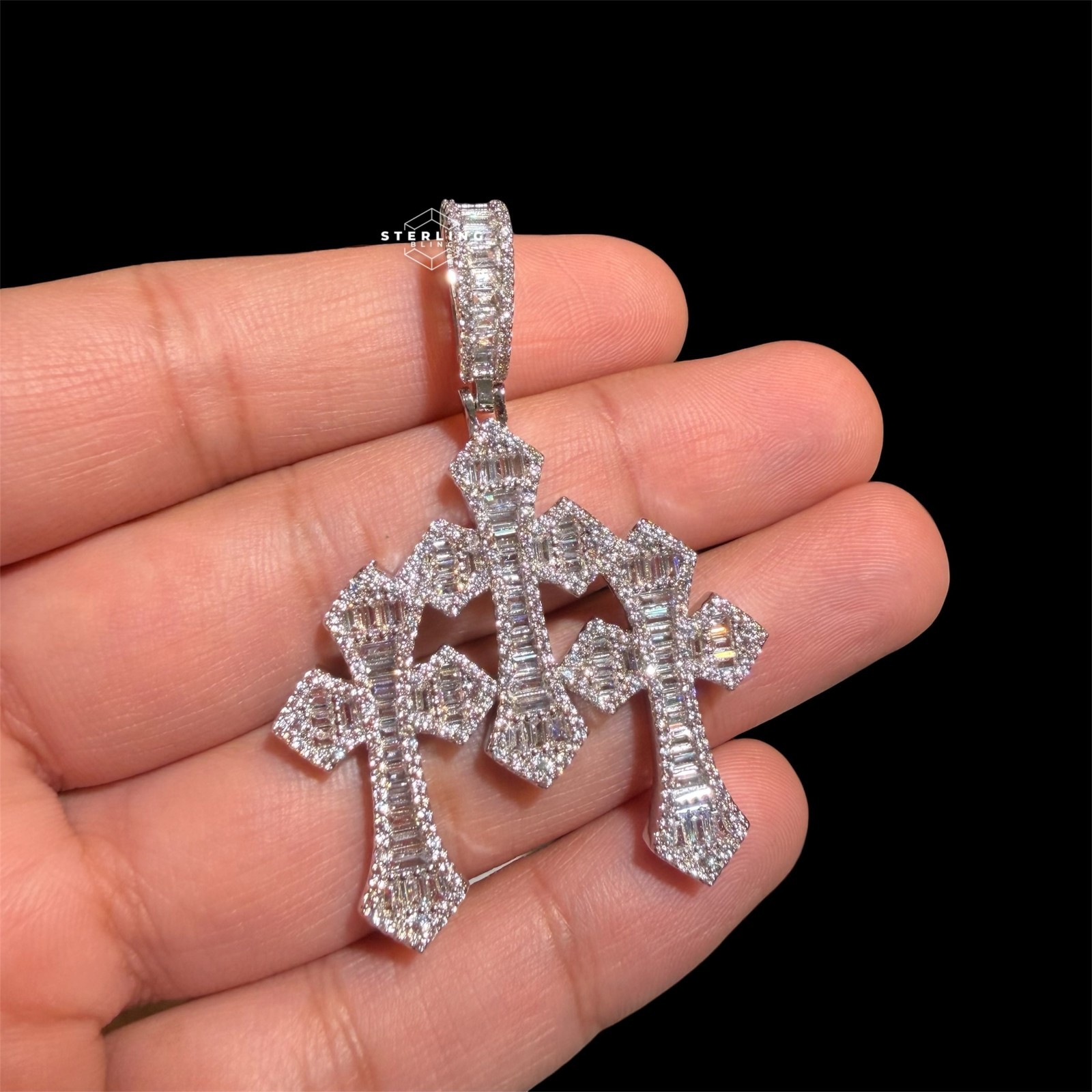 Triple Cross Baguette 14k White Gold Plated Iced Pendant + Steel Rope Chain