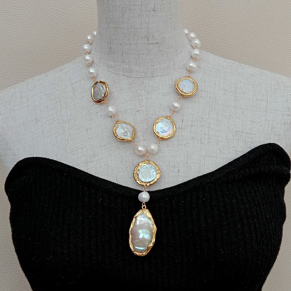 Cultured White Coin Pearl Potato Pearl Y-Drop Necklace Keshi pearl Pendant 20″