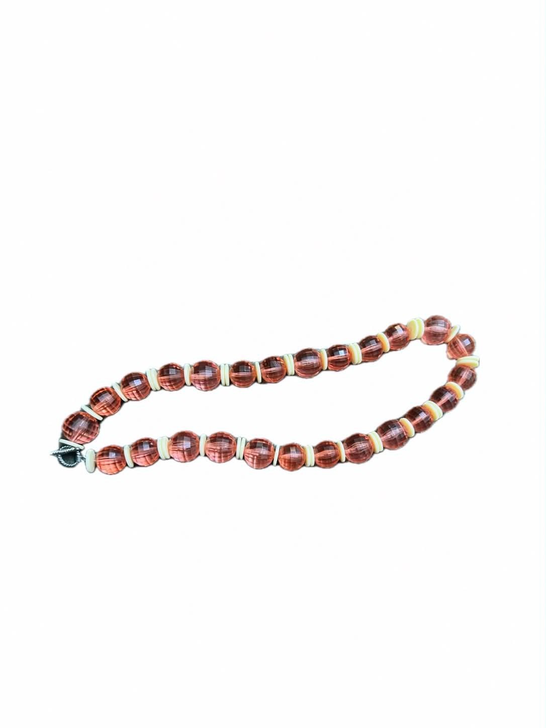 Vintage Style Faceted Pink Bead Necklace with Cream Spacer Discs, Costume Jewelr