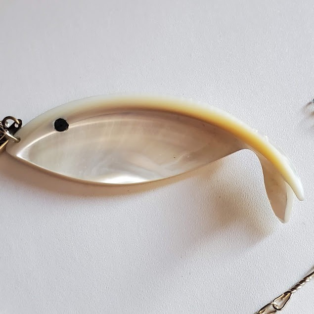 Carved Shell Fish Pendant Necklace Silver Tone Chain White Coastal Boho