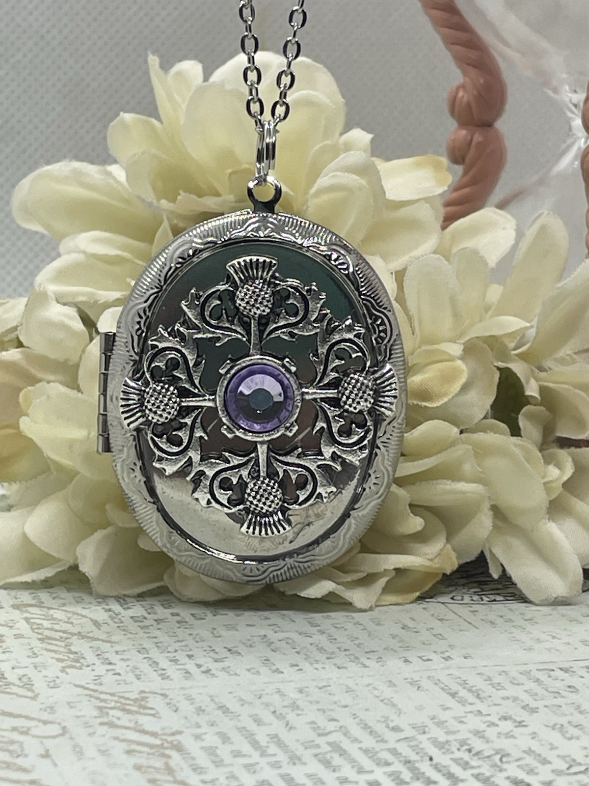 Silver Purple SCOTTISH THISTLE Scotland LOCKET NECKLACE CAMEO PHOTO CELTIC gift