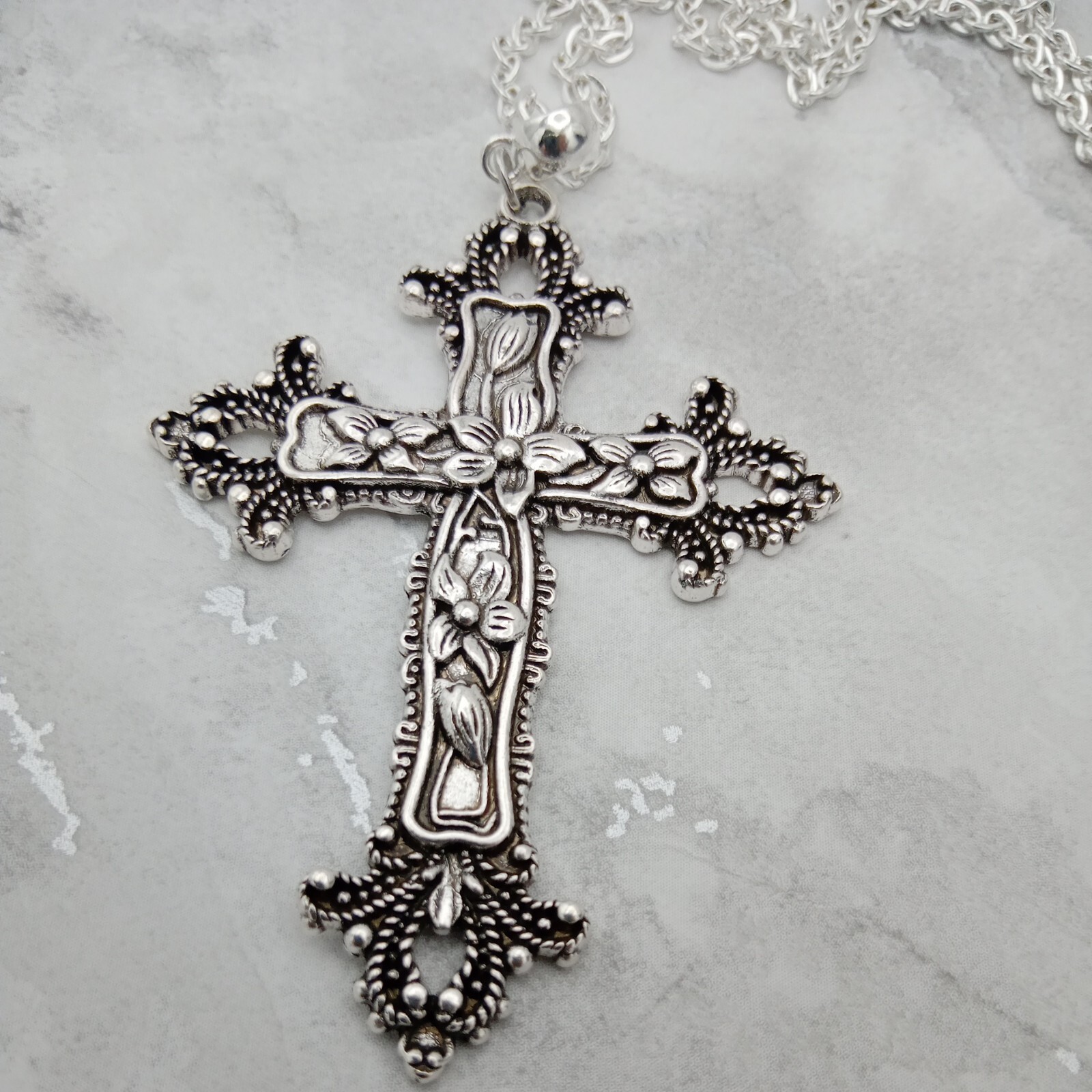 Huge Very Long ornate CROSS Necklace 90cm/36″ chain Large Big Religious Rock