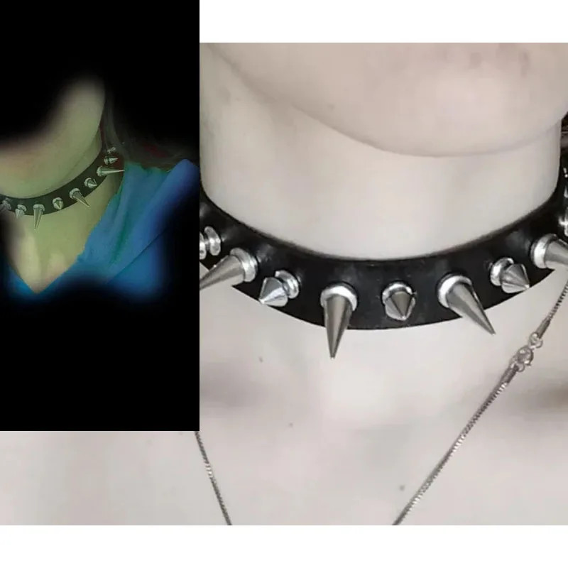 Punk Long Spike Choker Faux Leather Collar Women Men Cool Big Rivets Studded