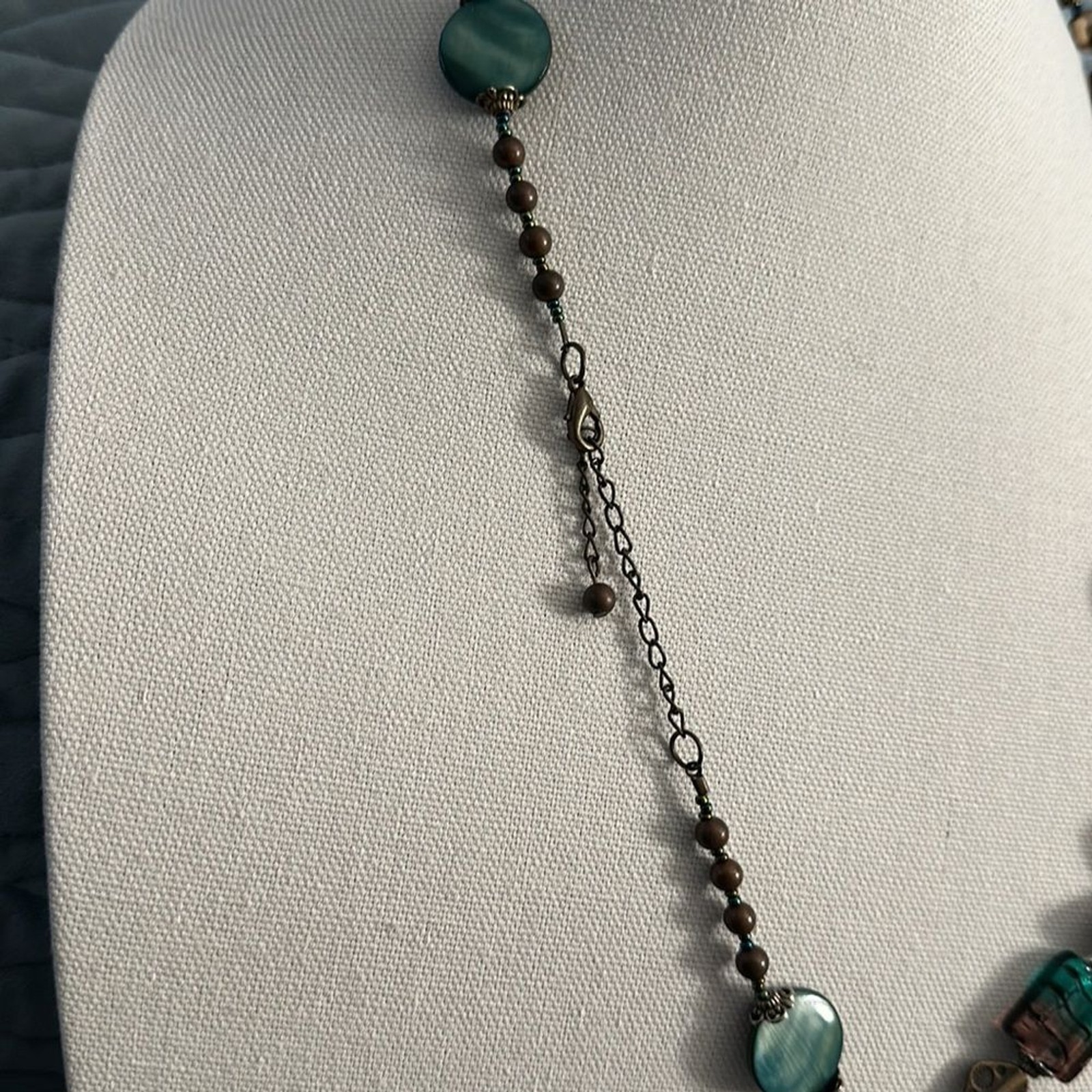 Women Beautiful bronze, glass blue green purple square beads 14 inch