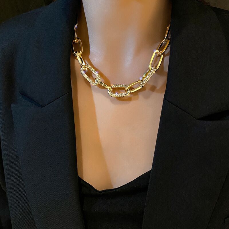 20mm Thick Wide Woman 18K Gold Plated Rolo Link Chain CZ Starry Necklace Choker