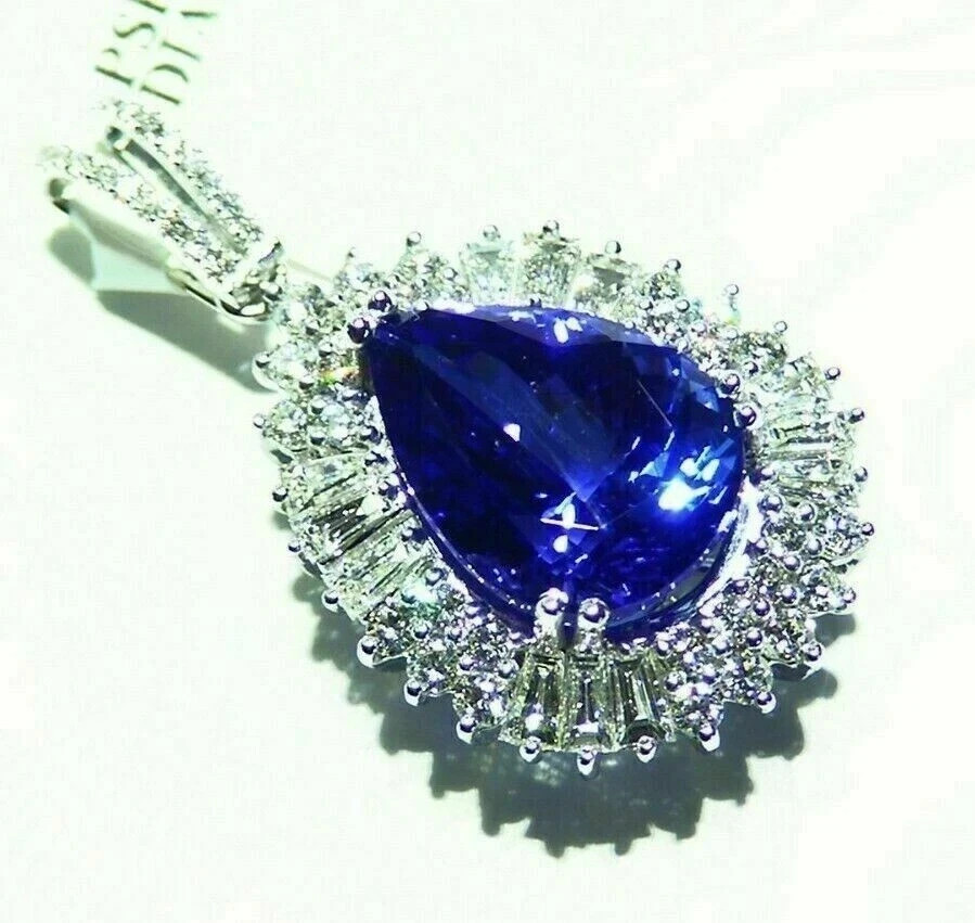 Teardrop Pendant Chain 3CT Pear Cut Blue Tanzanite Simulated 14K White Gold Over