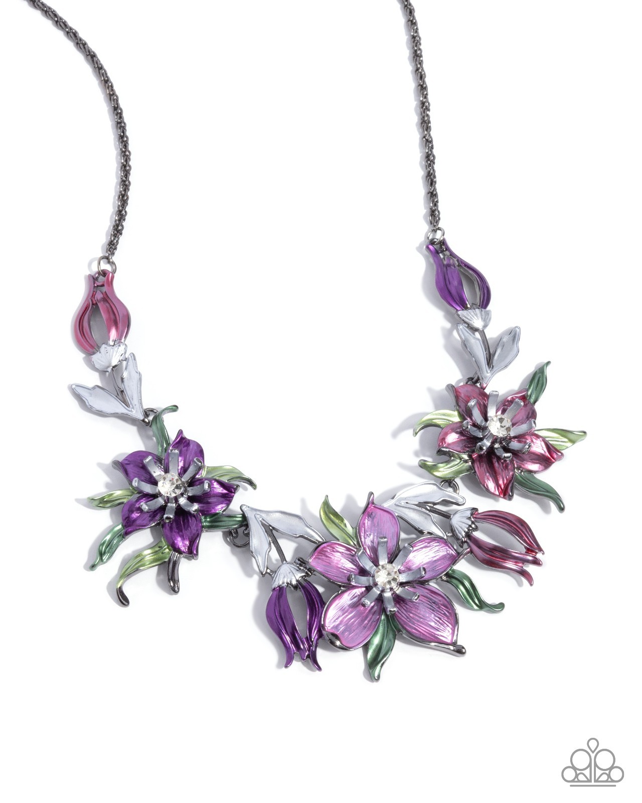 Paparazzi Floral Protocol – Multi – Pearly Paint – White Gem – Floral Gunmetal N