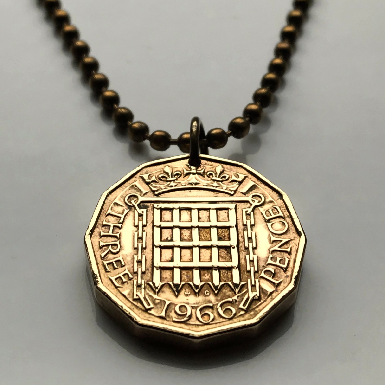 1960 England Britain 3 Pence coin pendant Tudor portcullis castle London n000415