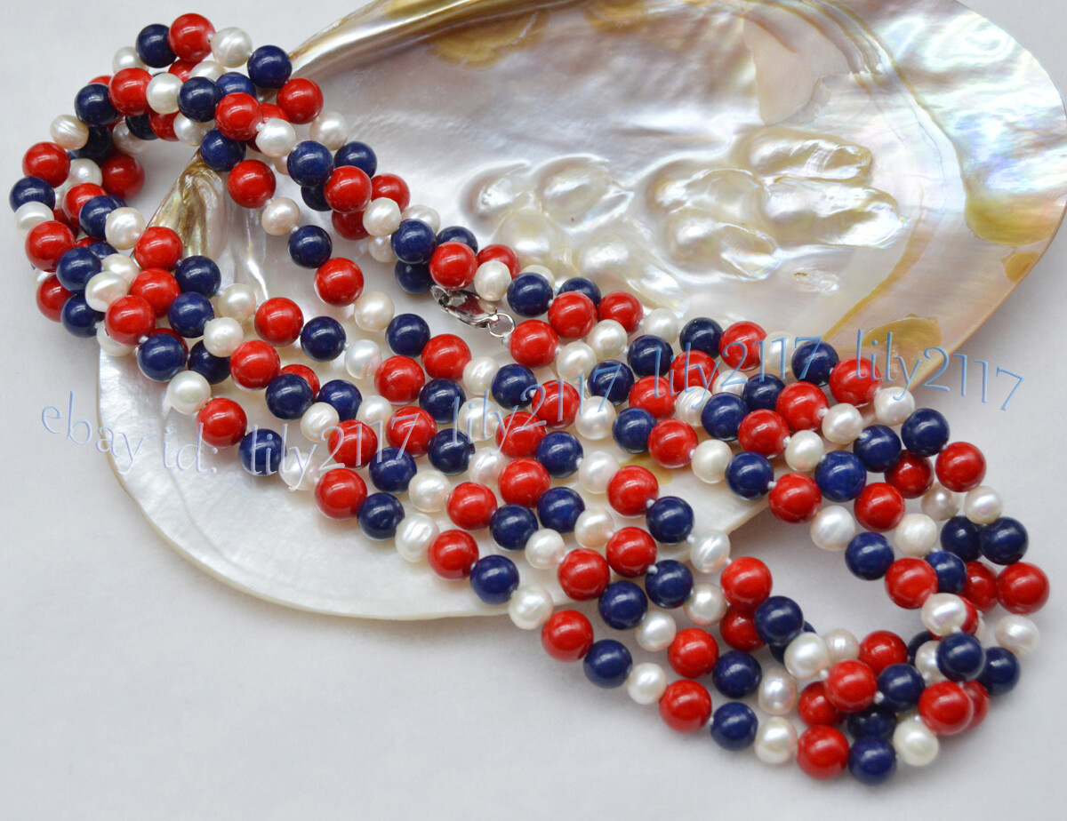 6-7mm White Pearl 8mm Red Coral Blue Lapis Lazuli Round Beads Necklace 22-100”