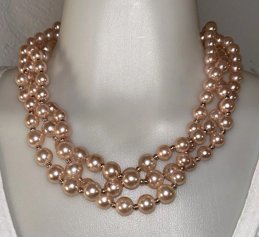 Light Pink Pearl Cluster Statement Necklace Multi Strand Chunky Twisted Choker