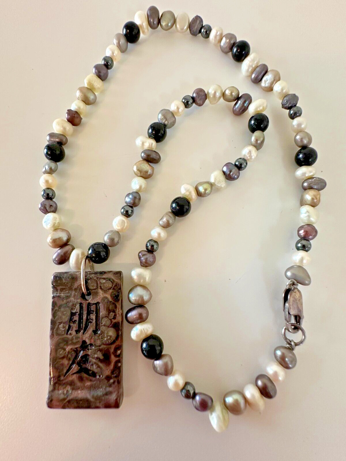 Paintbrush Jasper Pearl Necklace Pendant Asian Moon Sterling Silver Iridescent