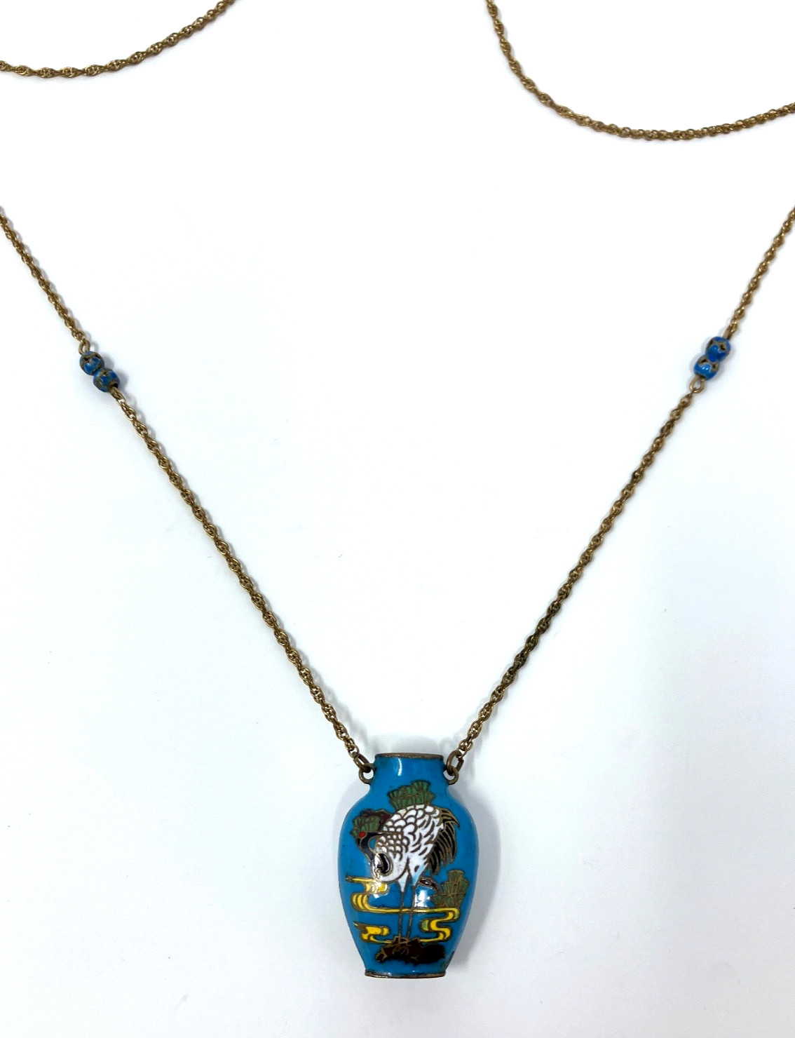 Vintage Cloisonne Blue Vase Crane Bird 1/20 12KT gold filled Chain 24″ Necklace