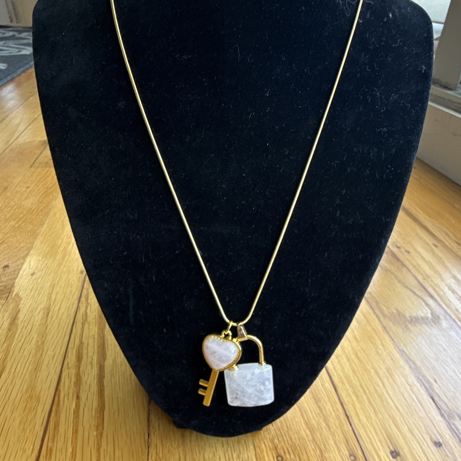 Gold Tone Snake Chain Necklace Rose Quartz Heart Key Padlock Charms