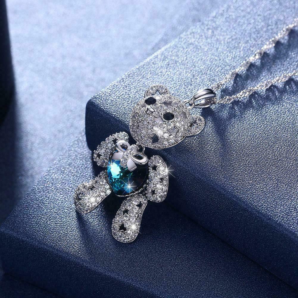 925 Sterling Silver I Love you Heart Blue Topaz Teddy Bear Pendant Necklace