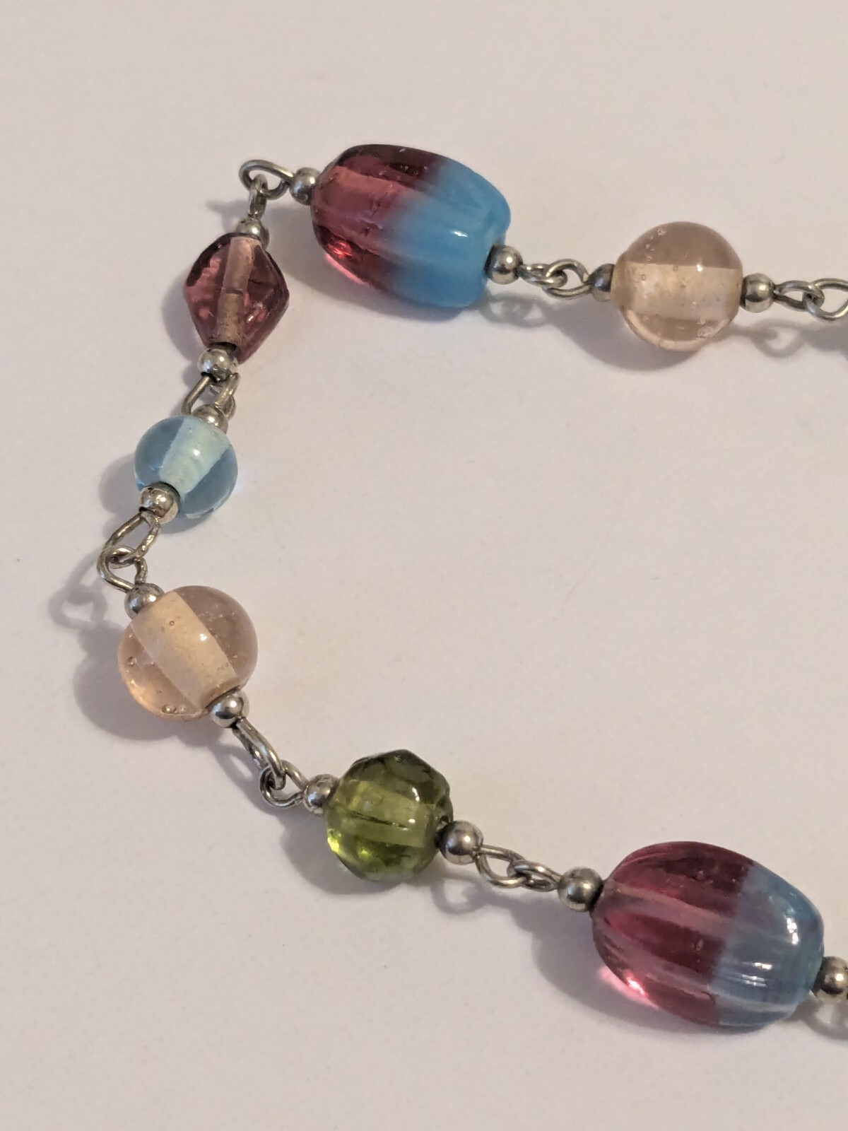 Infinity Style Multicolor Glass Bead Necklace. Silver Tone. 40″. Various Shapes.