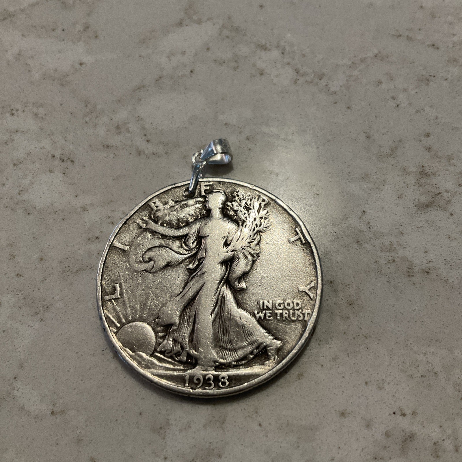 ANTIQUE COIN 90% SILVER WALKING LIBERTY HALF DOLLAR PENDANT
