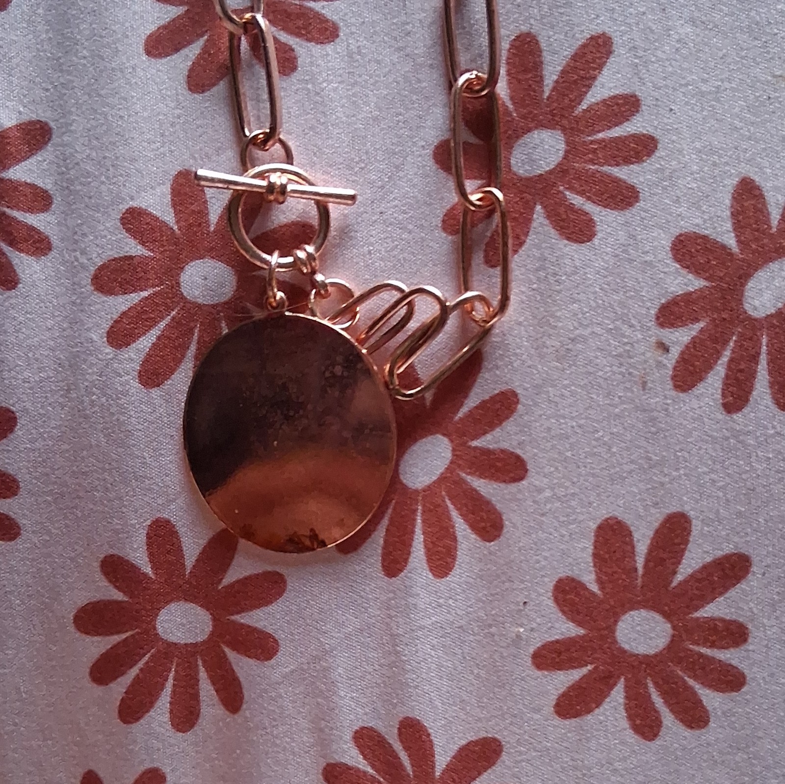 Paparazzi Rose Gold Tone Bar Link Chain Necklace, Round Charm Pendant, Toggle