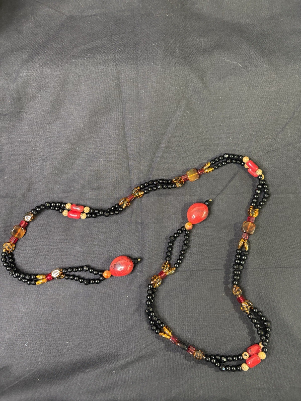 Angela Caputi 62” Tribal Style Single Strand Red, Black And Amber Bead Necklace