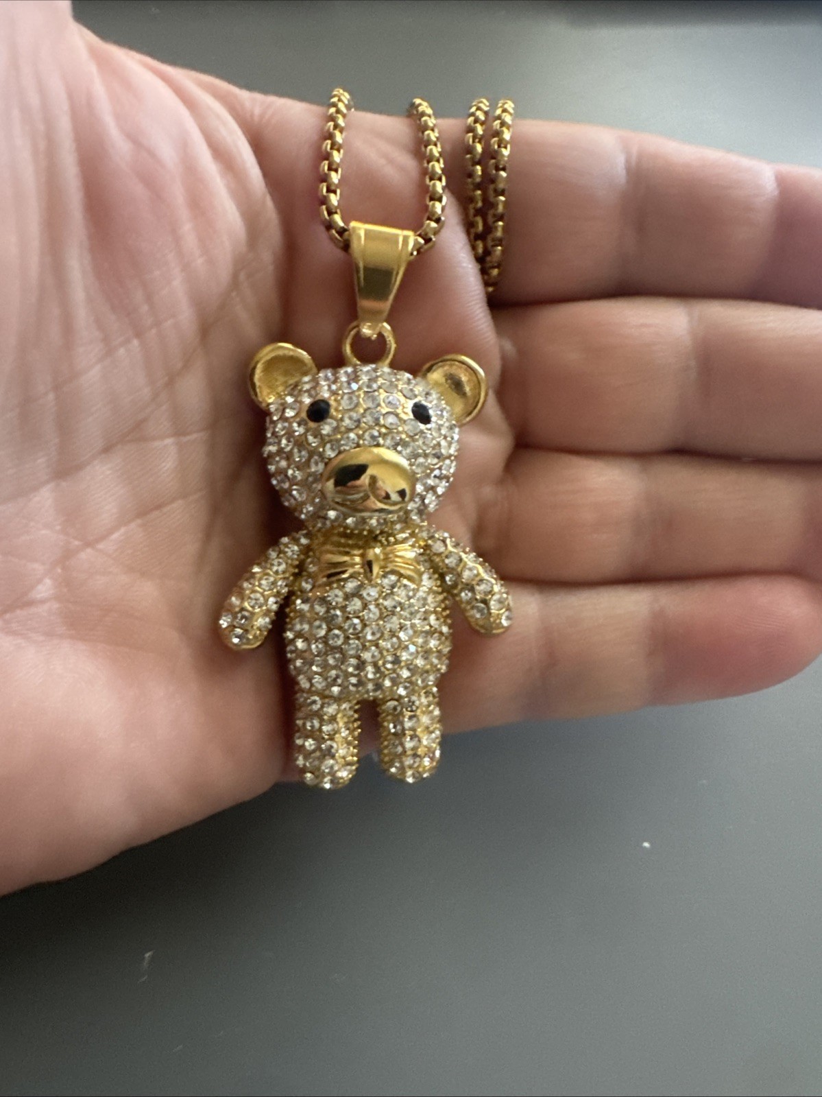 Teddy Bear Studded Gold Plated Stainless Steel Pendant 24 Inch Necklace Gift Her