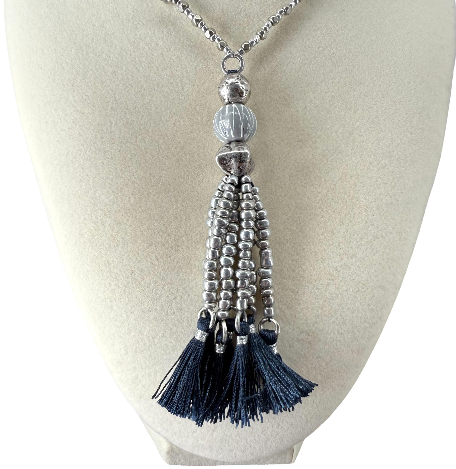 J Jill Tassel Necklace Silver Tone Beaded Blue Pendant Boho Long 32″ Coastal NWT