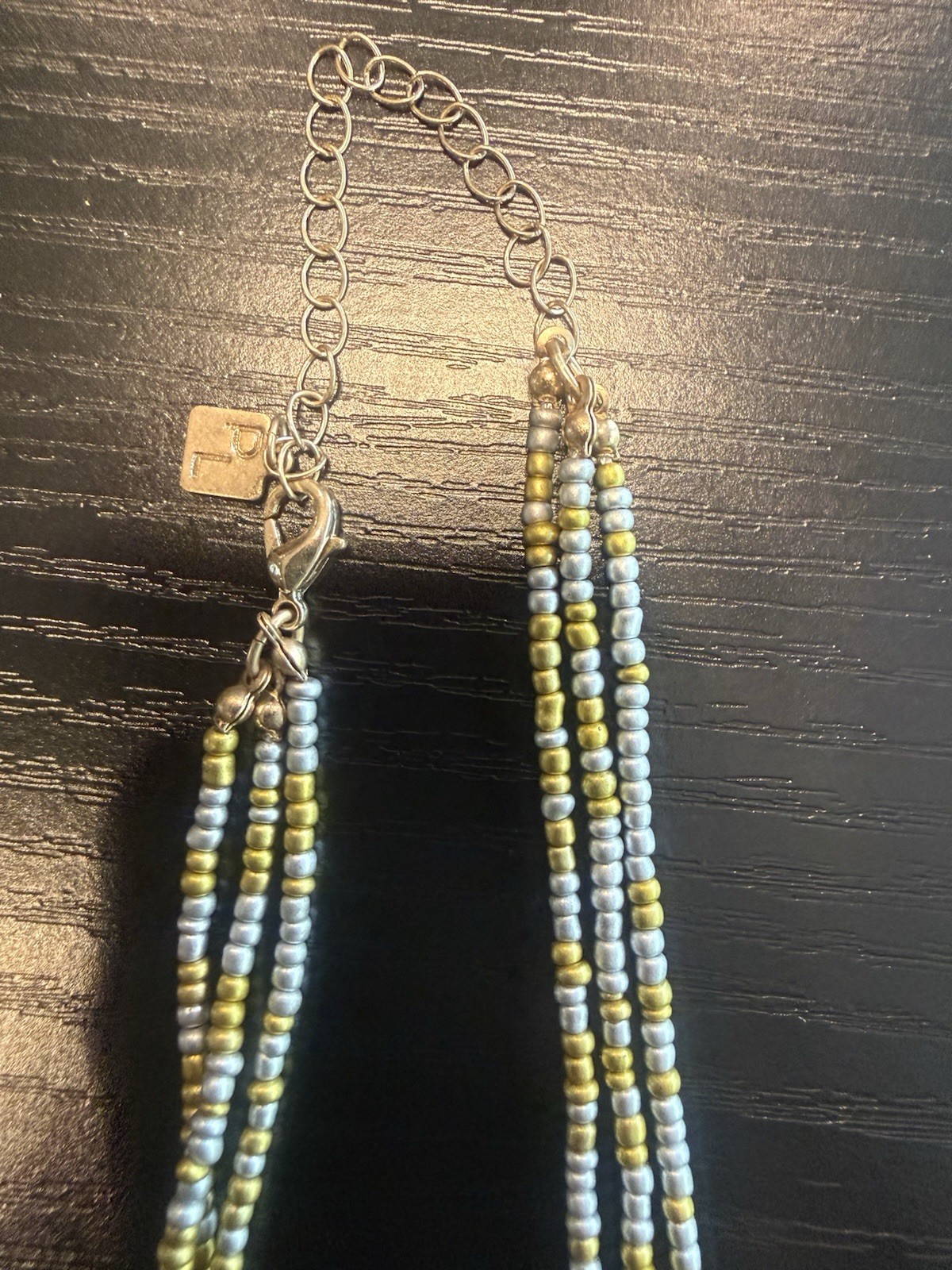 Signed Park Lane Triple Strand Blue Gray Gold Beaded Statement Necklace PL