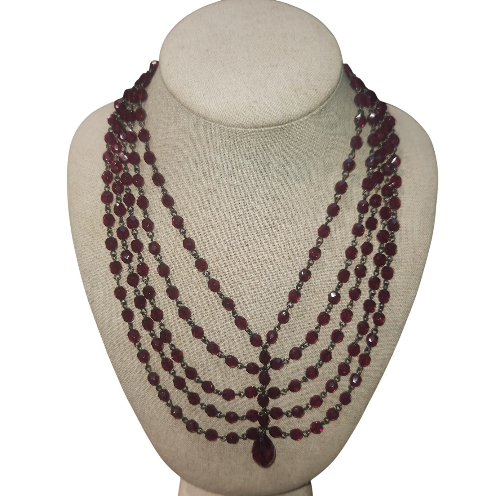 Lyndell NYC Red Crystal Multi Strand Bib Necklace Antiqued metal Tone 15in.
