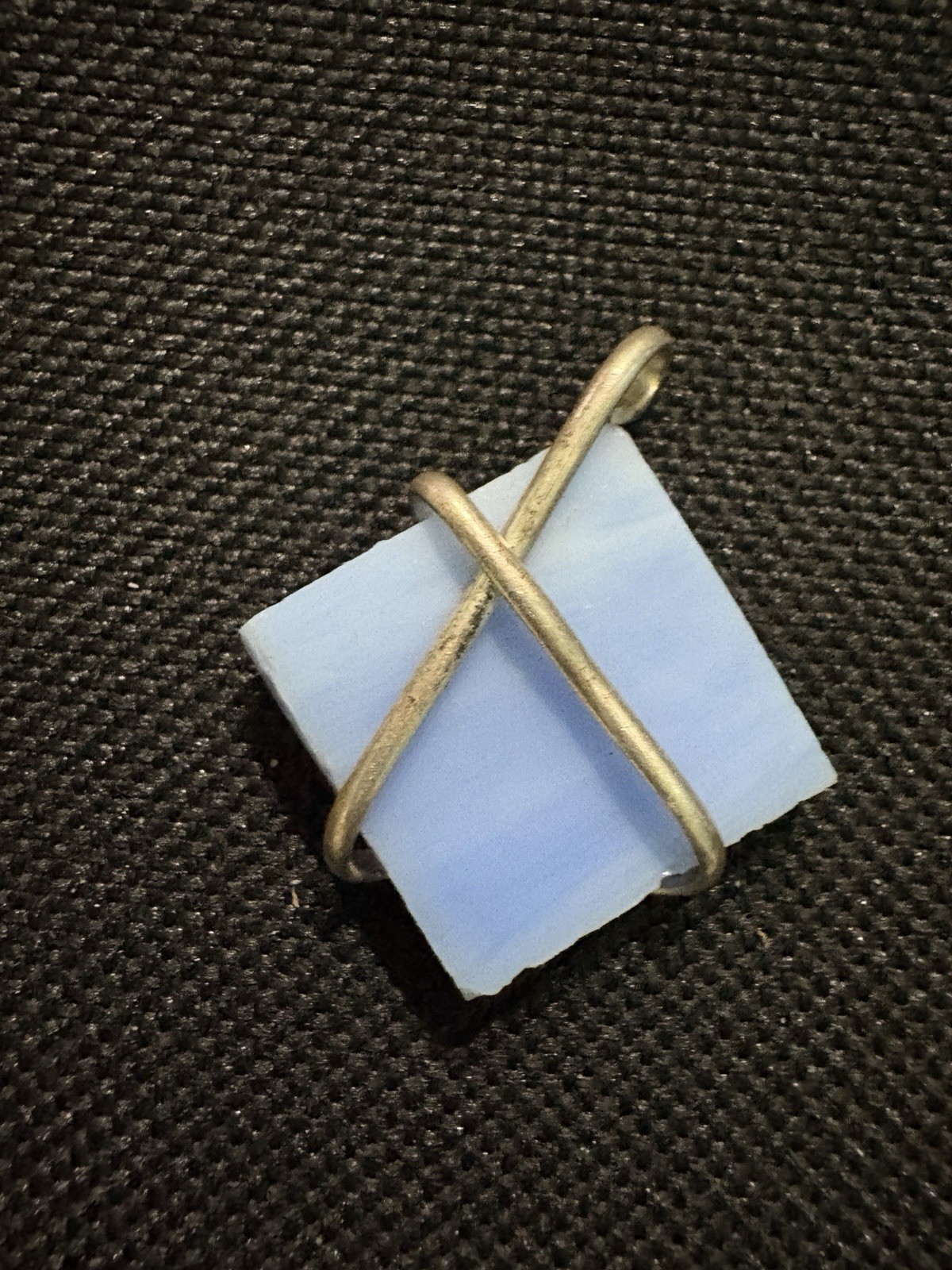 Handmade Blue Square Stone Wire Wrapped Charm Pendant, Silver Tone Metal