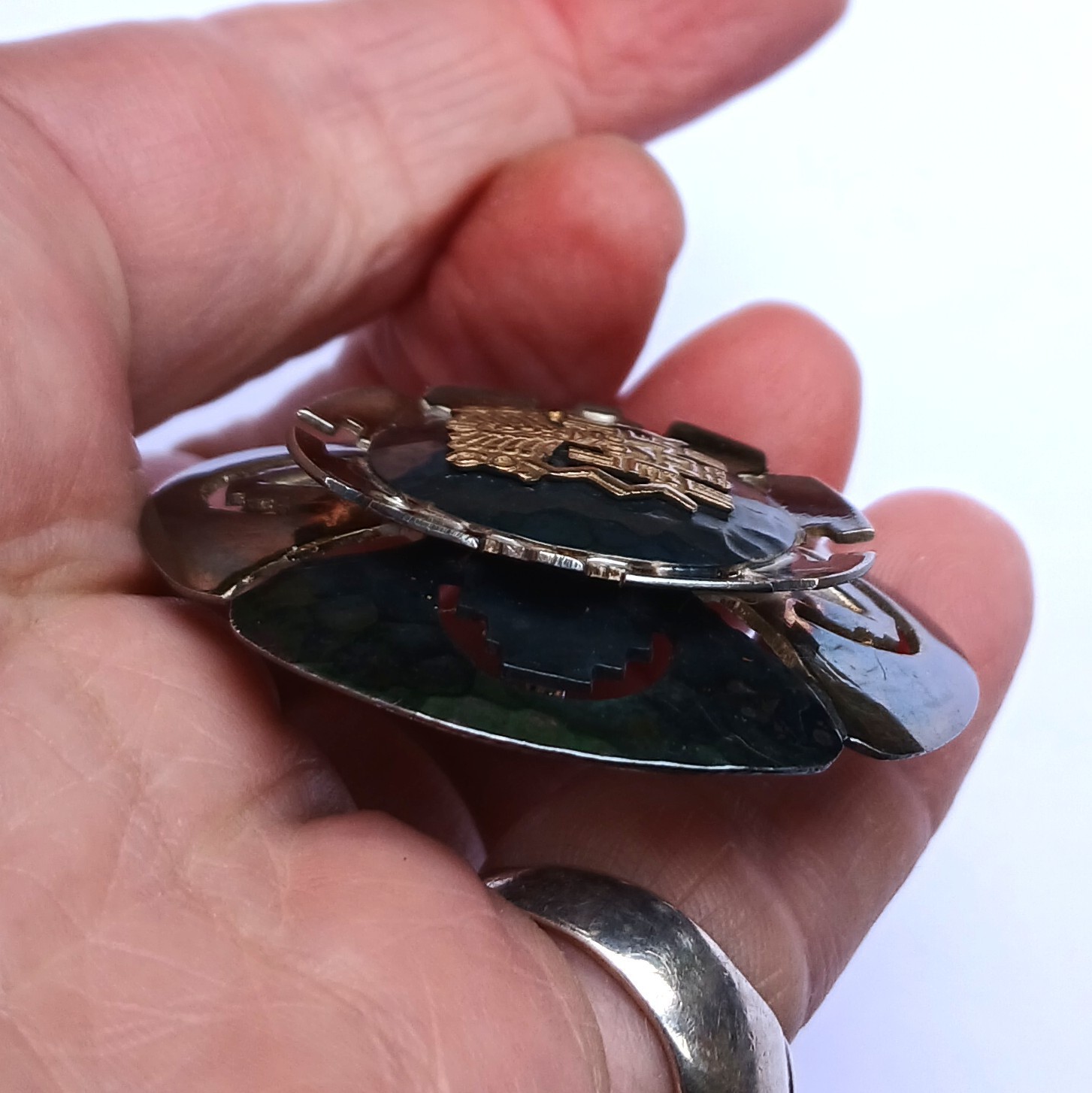 Vintage Peruvian pendant brooch sterling silver 18K gold carat tribal design