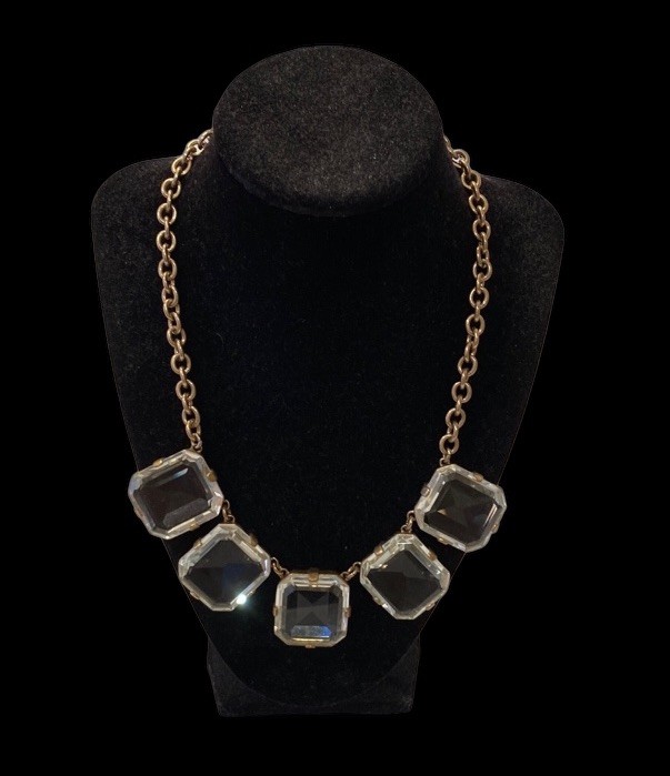 J Crew 5 Crystal Emerald Cut Bezel Set Stones Necklace 17”- 20” EUC