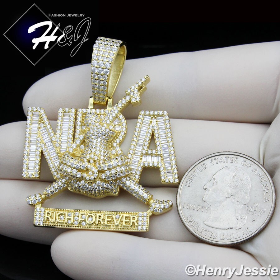 925 STERLING SILVER BLING CZ 3D HIPHOP GOLD PLATED RICH FOREVER PENDANT*GP529