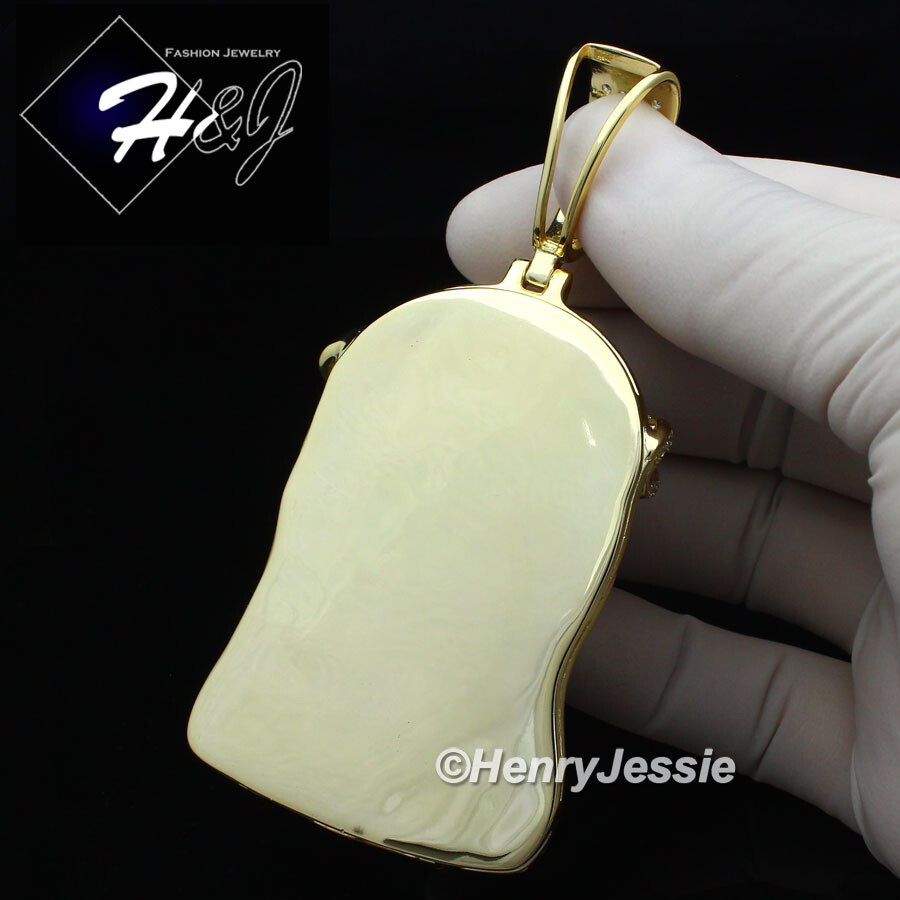 MEN 925 STERLING SILVER ICY BLING CZ OVERSIZE GOLD PLATED 3D JESUS PENDANT*GP242