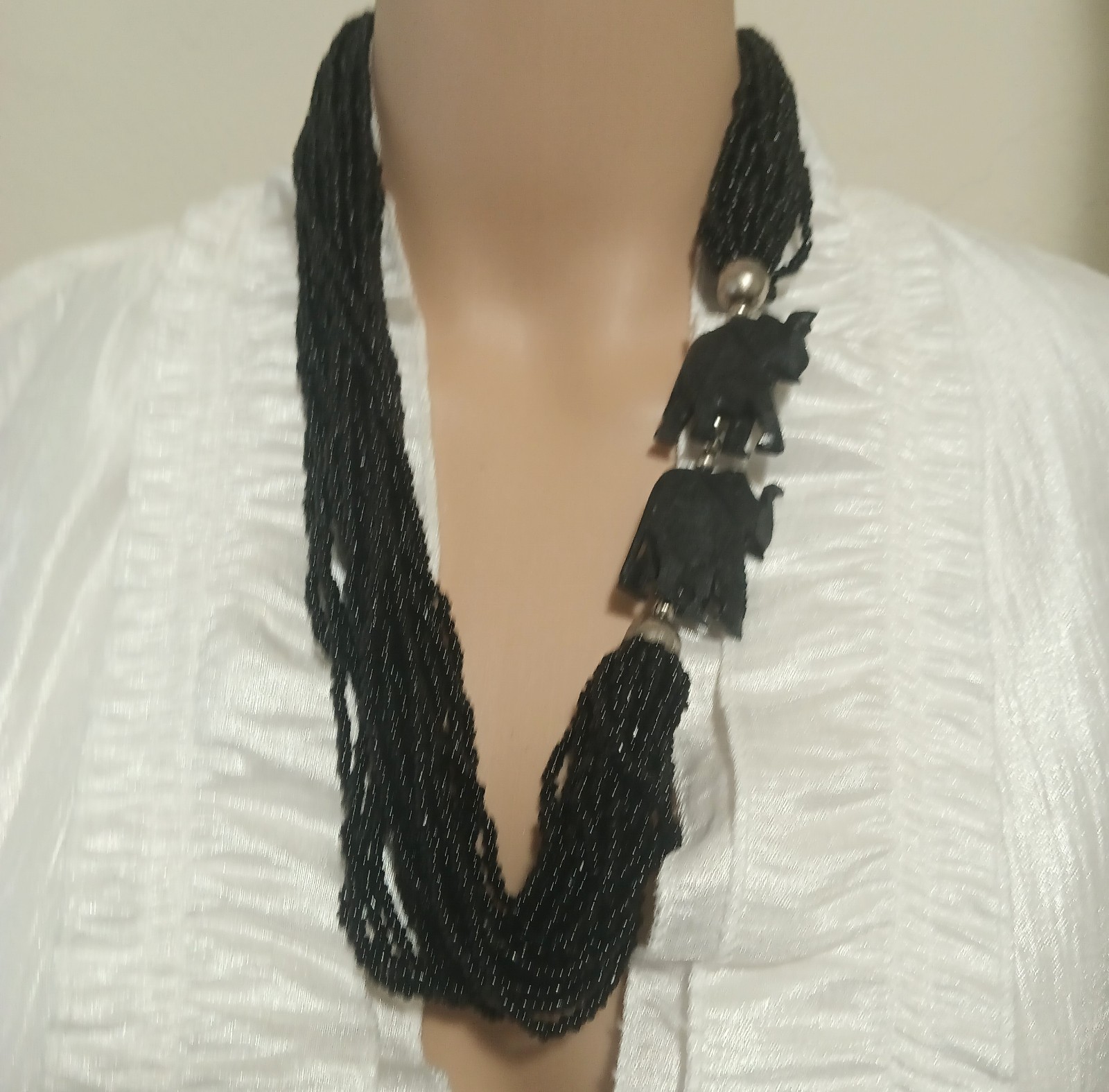 Layered Seed Bead Tribal Necklace with Carved Wooden Elephants Upturned Trunk